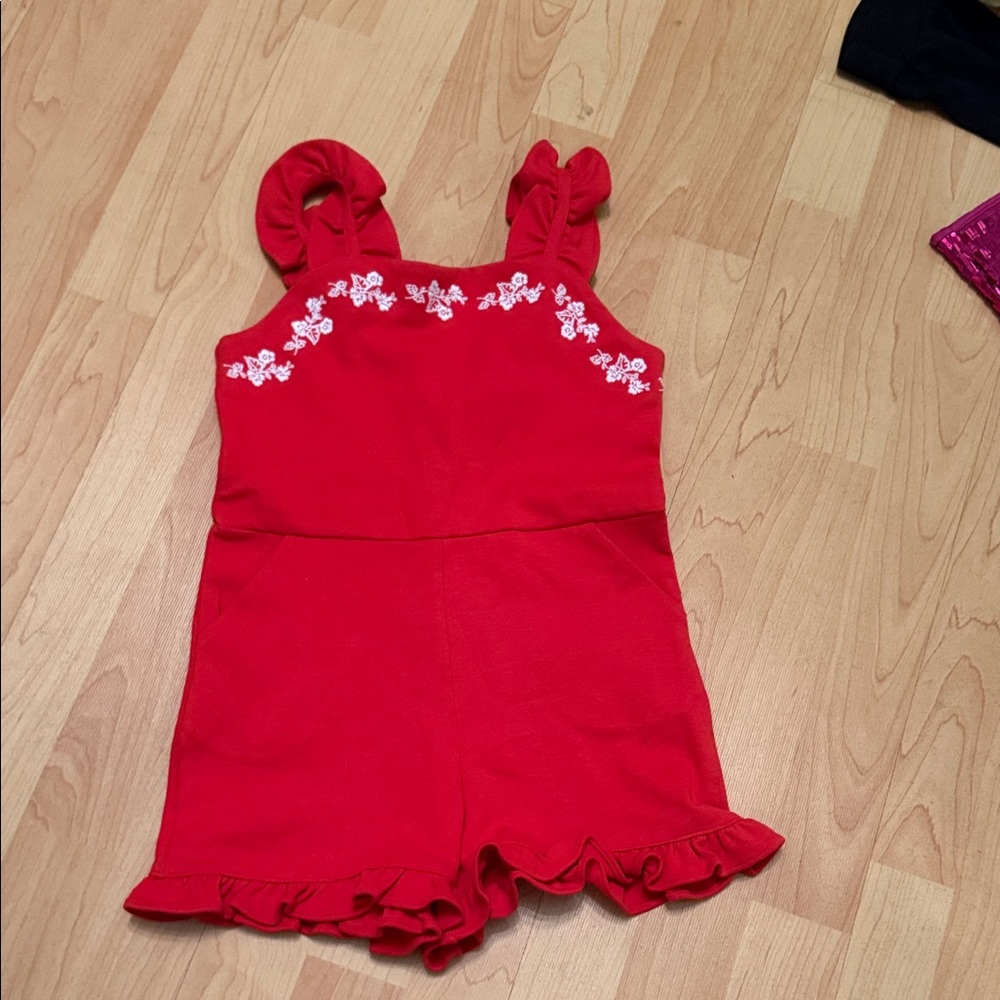 Janie and Jack Bright Red Floral Embroidered Ruffle Romper